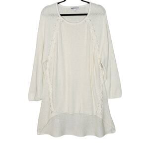 Meri Skye Wool Blend Tunic Sweater 2X XXL Ivory Ribbed Hi Low Raglan Cross Lace